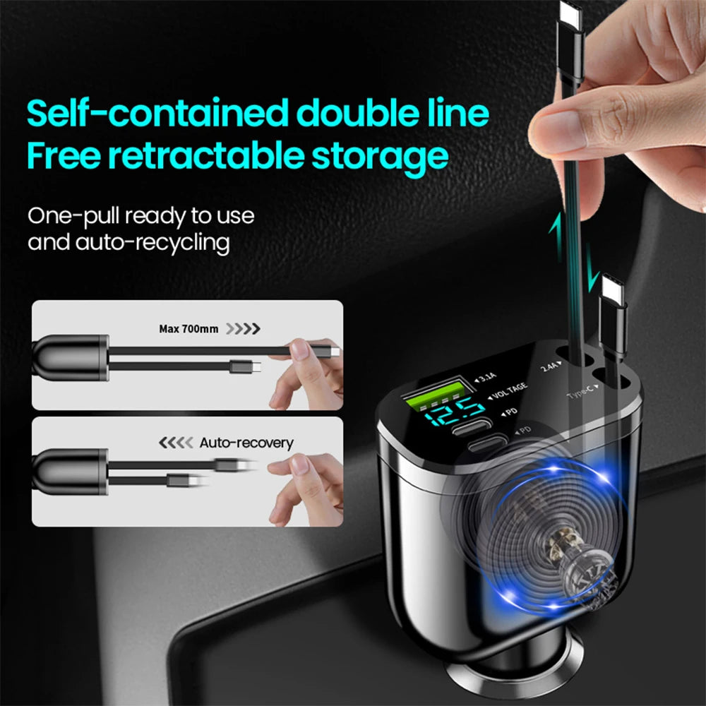 Elough Retractable Car Charger 5 in 1 Fast Charging Car Charger Retractable Cable 2 type c Ports Car Charger Adapter Compatible