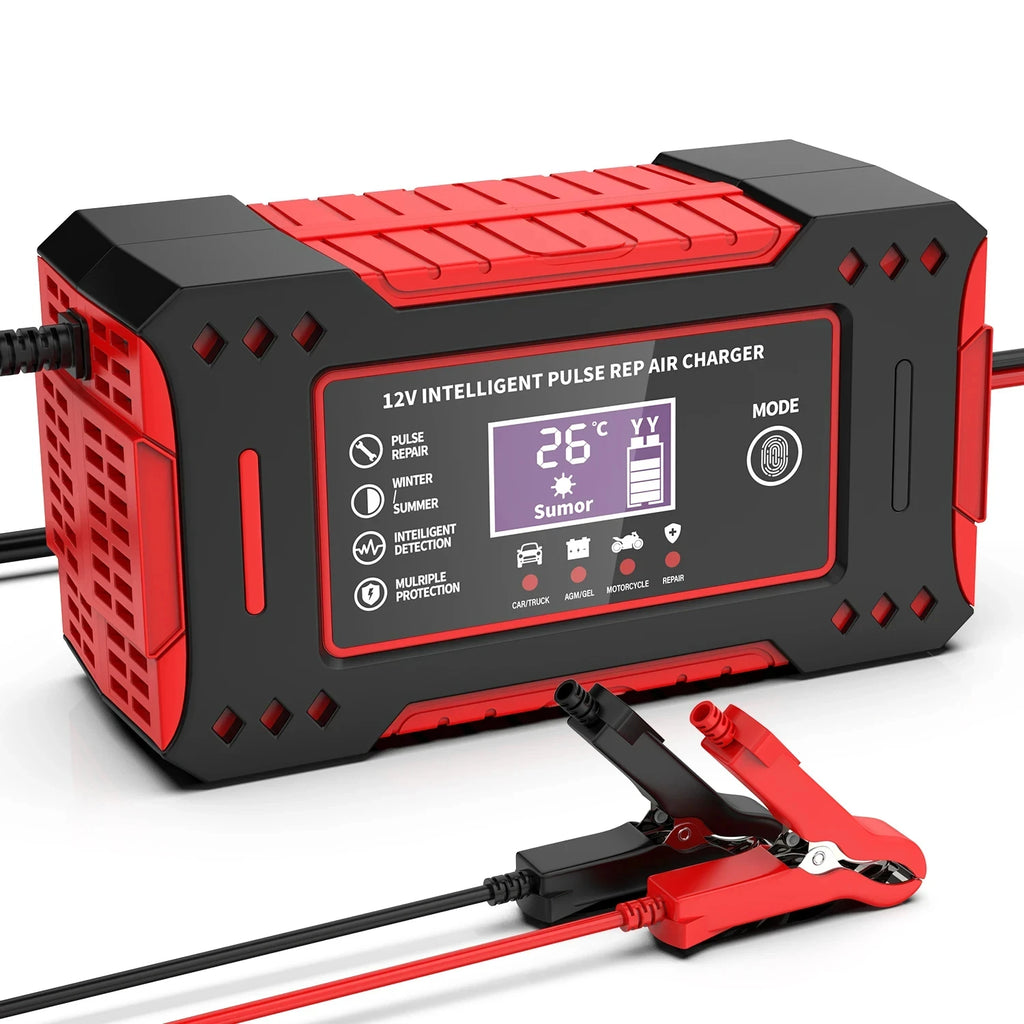 Smart Car Battery Charger 12V, EU Plug Motorcycle Battery Maintainer with LCD Display for Lead-Acid Repair