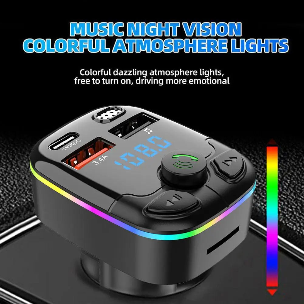 Bluetooth 5.0 Car FM Transmitter PD Type-C Dual USB Ambient Player Handsfree MP3 Charger Type-C Wireless Light PD QC3.0 Adapter