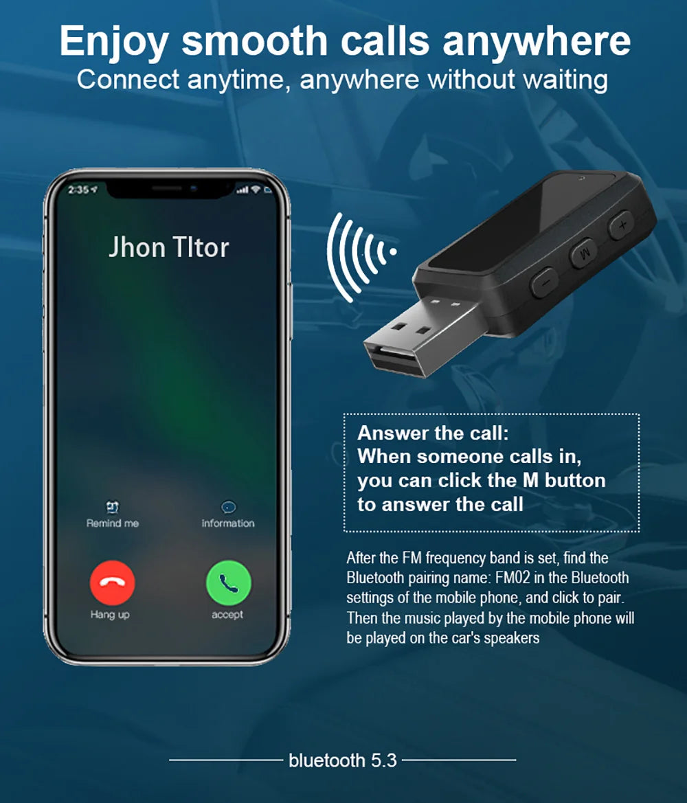 Bluetooth 5.3 Car FM Transmitter Receiver Mini USB Power Wireless Auto Audio Car Adapter Handsfree Call Car Auto Accessories