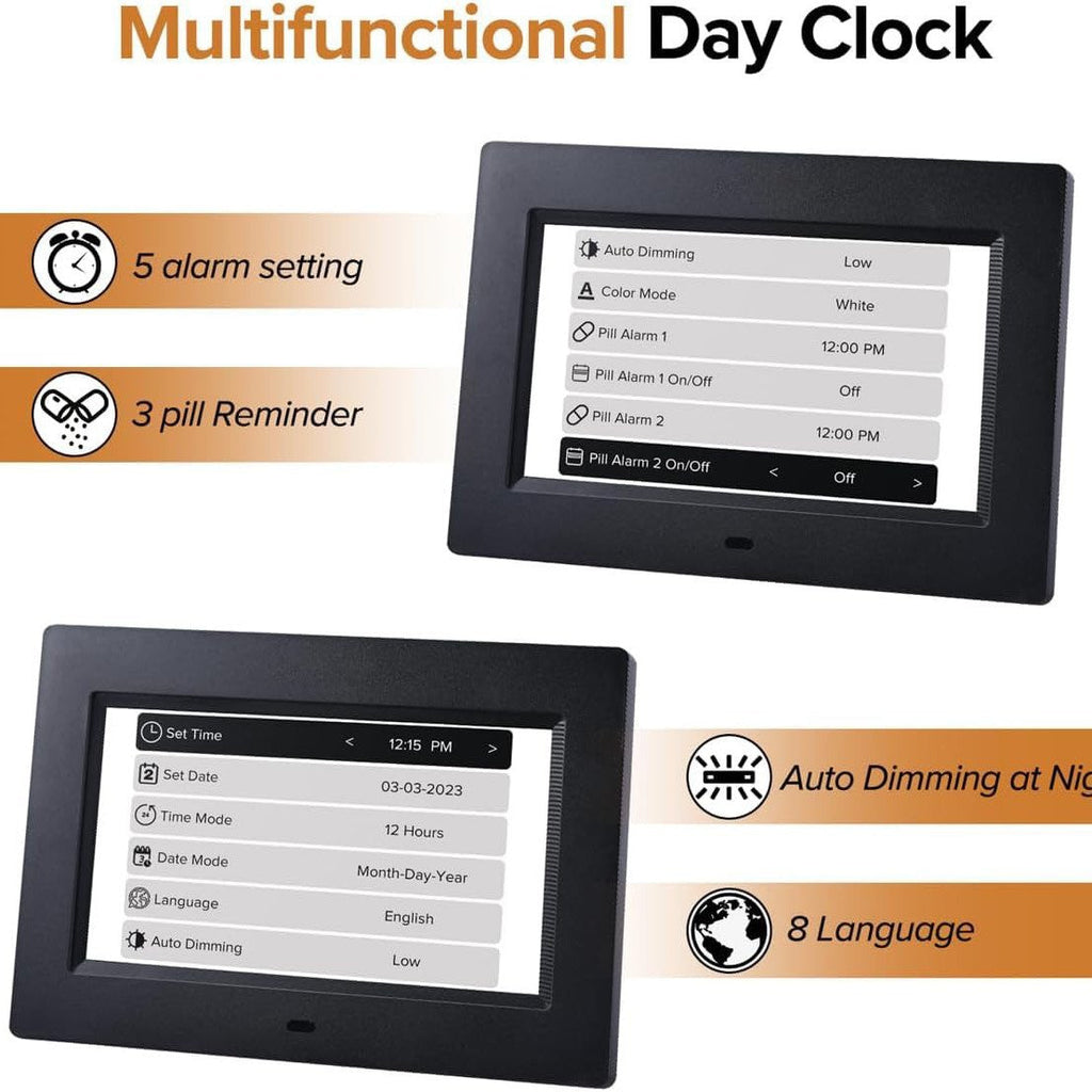 NNEDSZ White Crystal Clear 7-Inch Digital Day Clock with Auto Dimming & Voice Assist - Perfect for Seniors