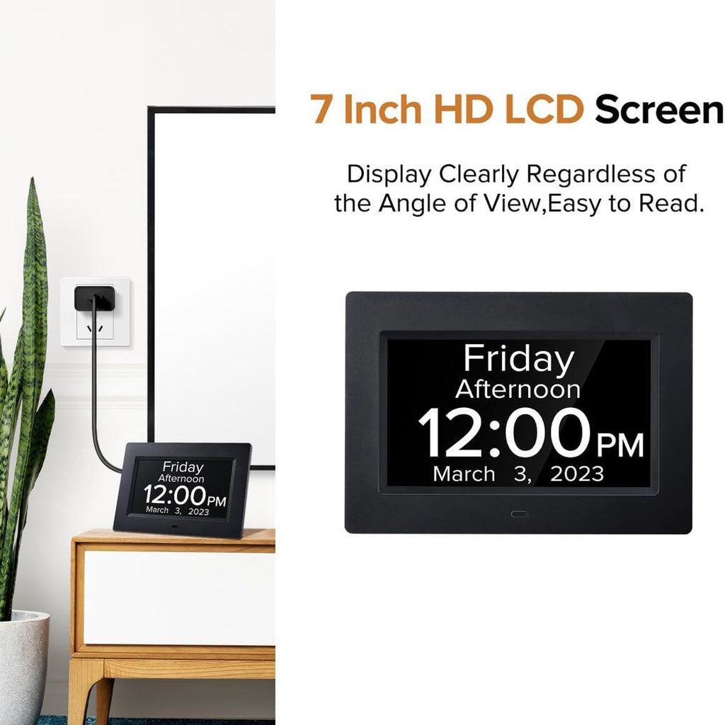 NNEDSZ White Crystal Clear 7-Inch Digital Day Clock with Auto Dimming & Voice Assist - Perfect for Seniors