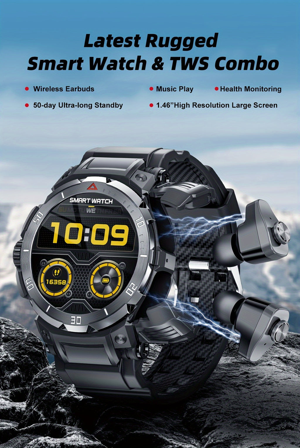 2025 New 3-In-1 Smartwatch with Wireless Earbuds for Men, Music And Fitness Features, 1.46-Inch HD Display, Call Functionality, Speaker, Recording, Sports Tracker, Compatible with Ios And Android, Long Battery Life