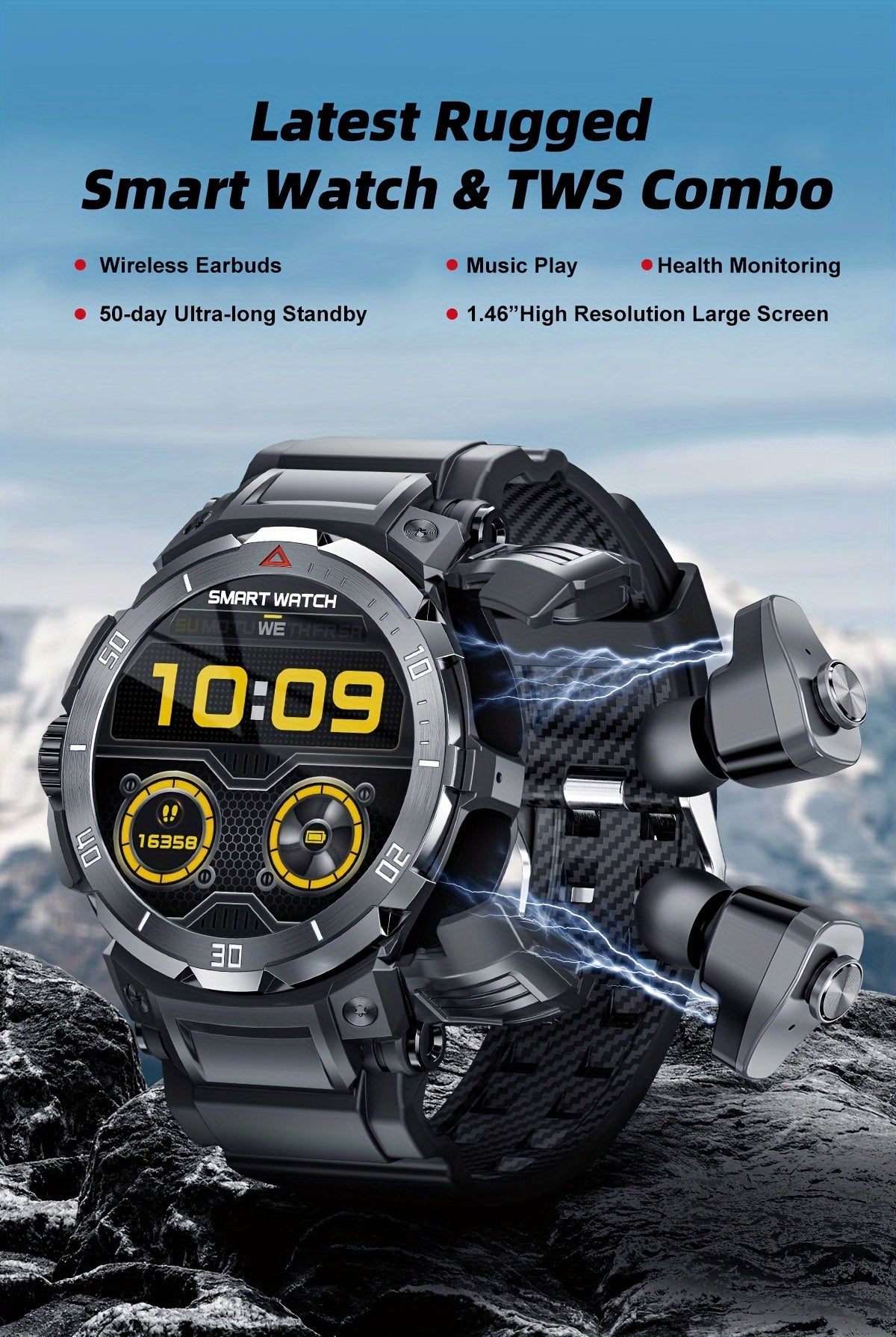 2025 New 3-In-1 Smartwatch with Wireless Earbuds for Men, Music And Fitness Features, 1.46-Inch HD Display, Call Functionality, Speaker, Recording, Sports Tracker, Compatible with Ios And Android, Long Battery Life