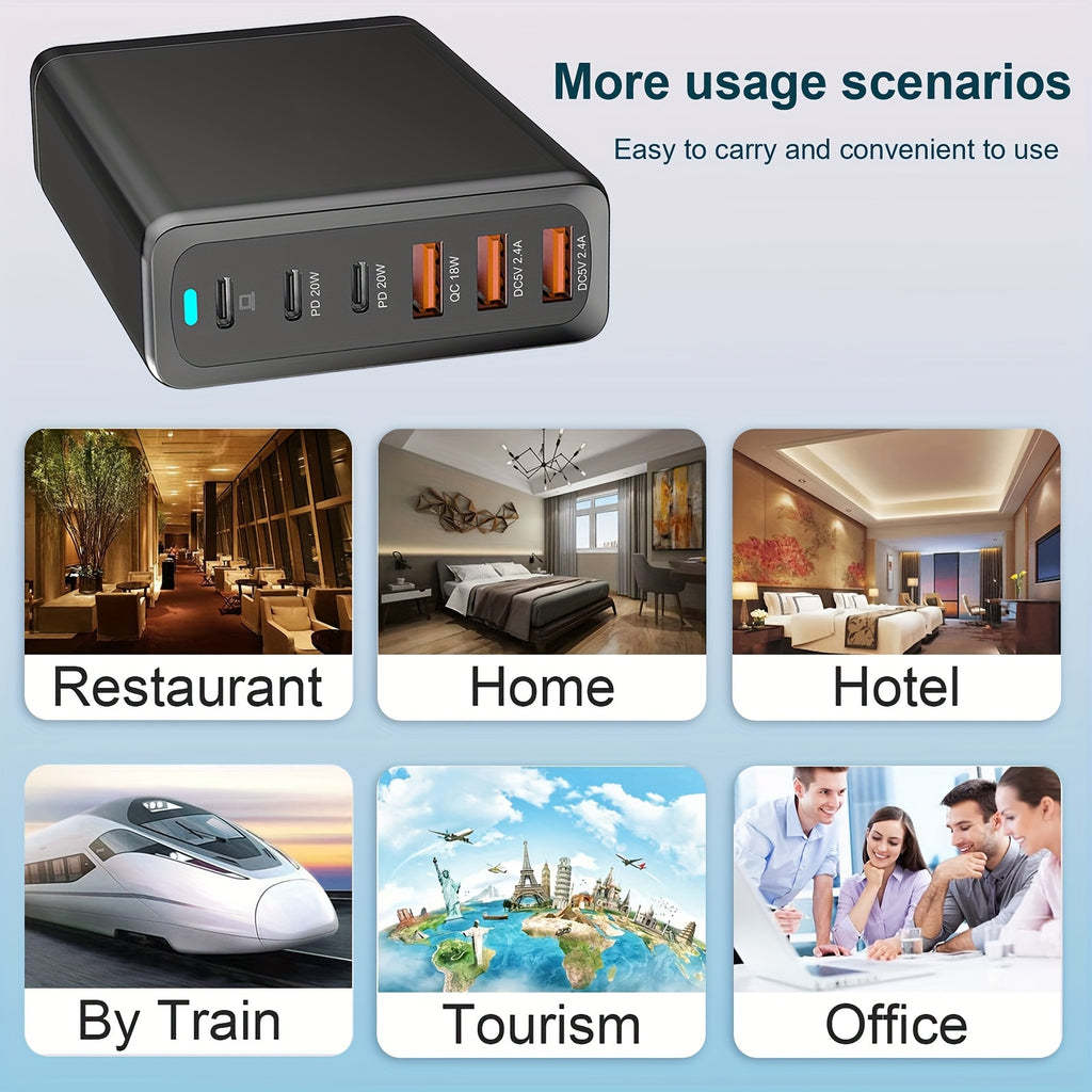 6-Port Compact PD Fast Charger - High-Speed Laptop Power Adapter with Foldable Design, 5Ft AC Extension Cord, and Multi-Device Compatibility for MacBook Pro/Air, iPad Pro, iPhone 14/13/12, Galaxy Note20, S22, Pixel, and More