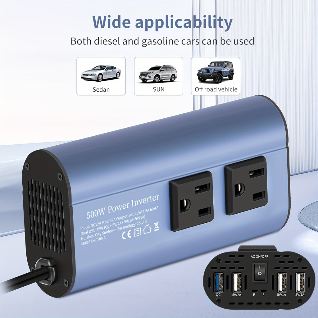 [500W Peak Power] 500W Car Power Inverter Converter - DC 12V to AC 110V, LCD Display, Dual AC Outlets, 4 USB Car Chargers - For Cars, Homes, Laptops, Trucks