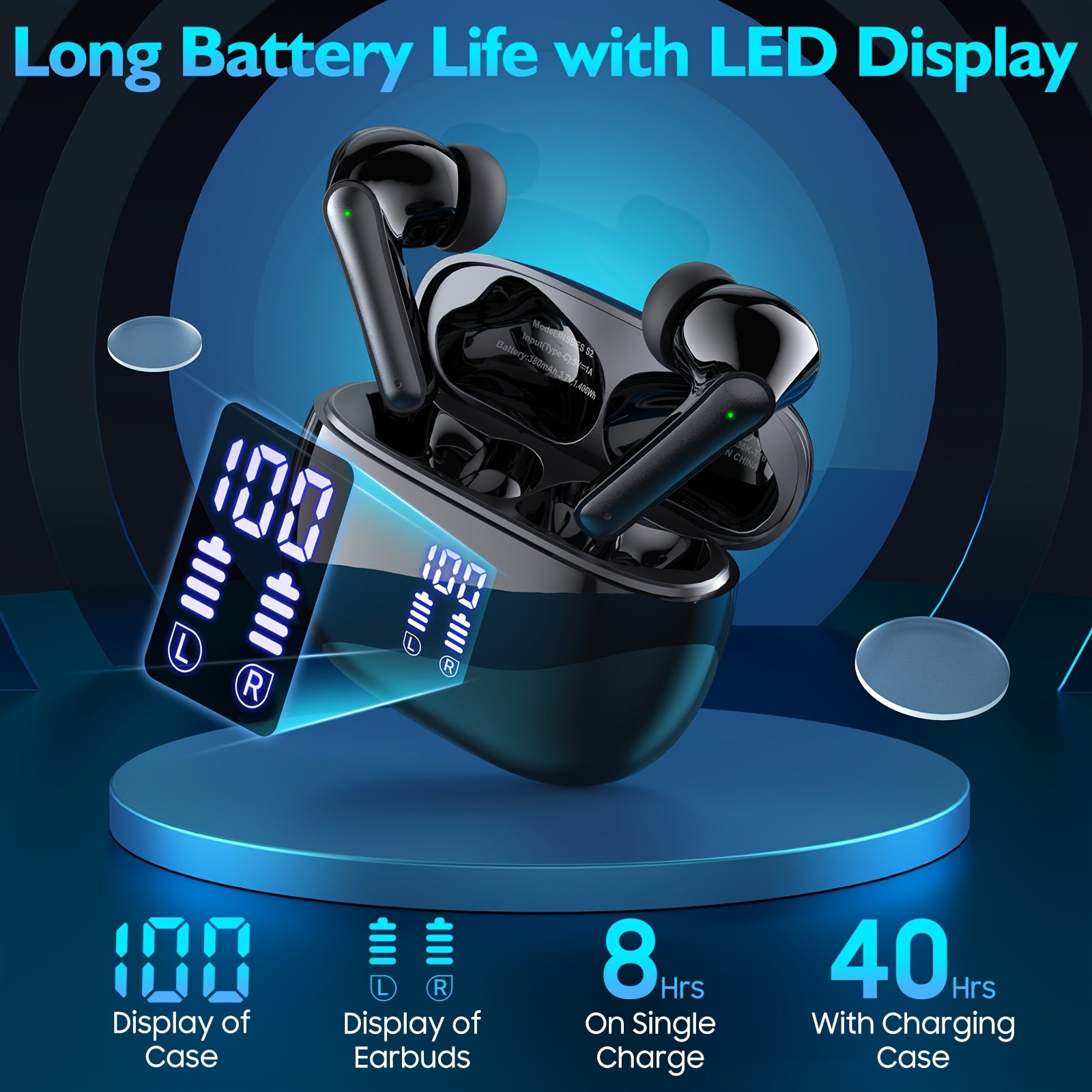 V5.3 Wireless Earbuds with Touch Control, Hi-Fi Stereo, ENC Noise Cancelling Mic, LED Power Display, and Charging Case for Sports Workout