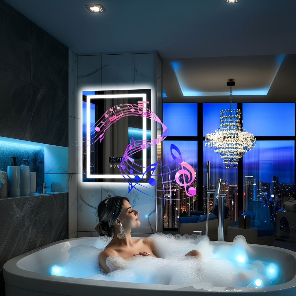28" X 36" LED Lighted Bathroom Mirror Lighted Bathroom Music Mirror With Dual LED Light Strips Smart Wall Vanity Mirror, Front-lit, Dimming, Date And Time