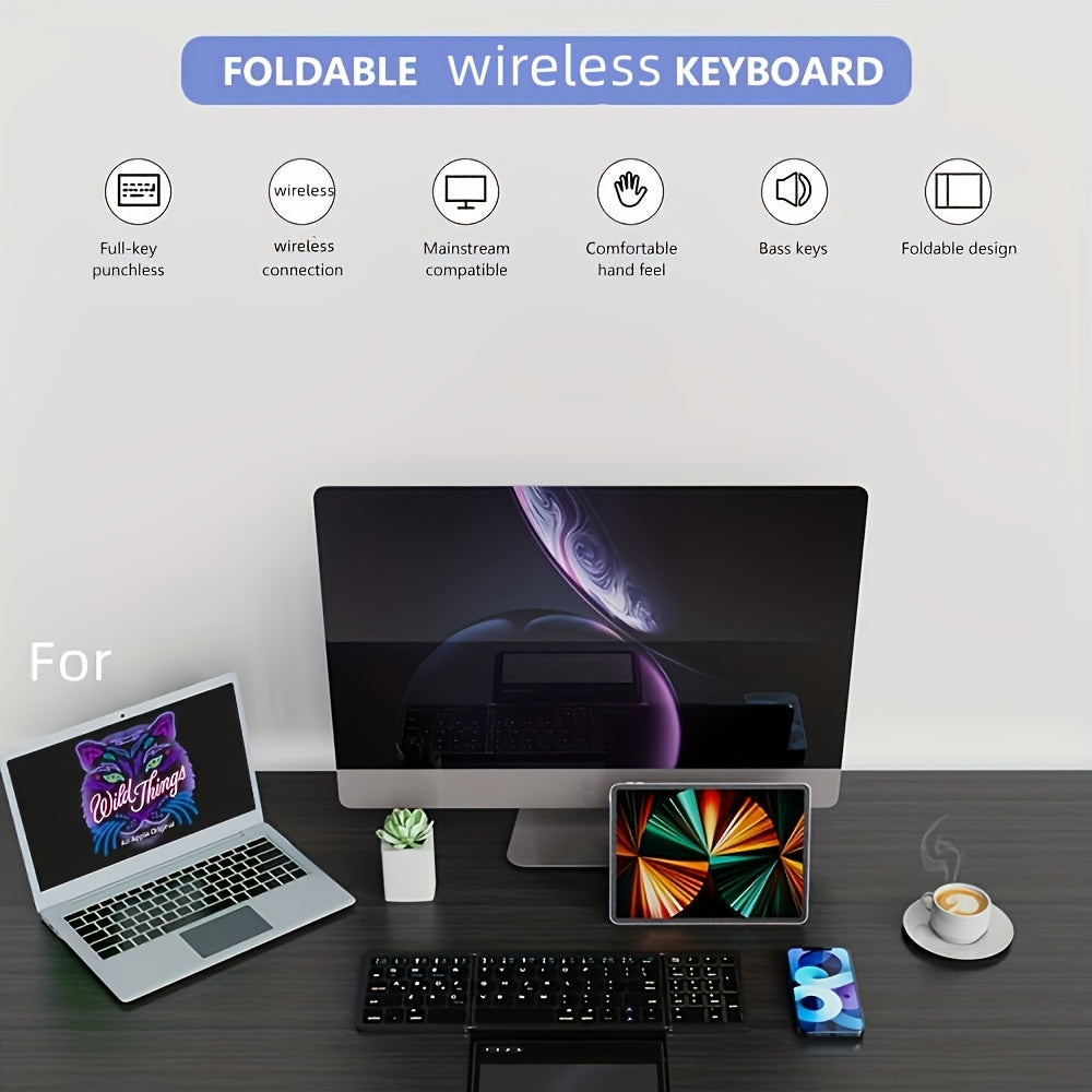 1pc JOMAA Compact Folding Wireless Keyboard for iPad Air 2, Touchpad Design, Windows 10 Compatible, USB Cable Included, Rechargeable Polymer Battery, Smart Hand Orientation, Wireless Connectivity