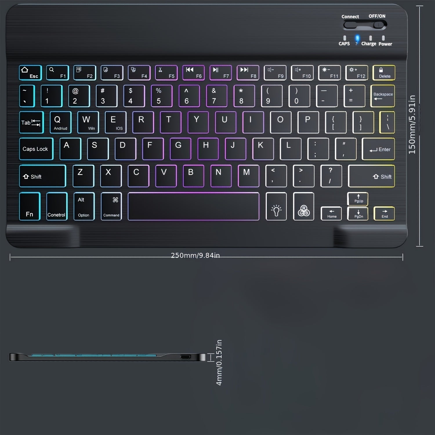 ELFO LARANJA Rainbow RGB Wireless Keyboard - Ergonomic, Rechargeable Wireless Keyboard for Tablets & Smartphones, Compatible with iOS 13+, for Android, Windows