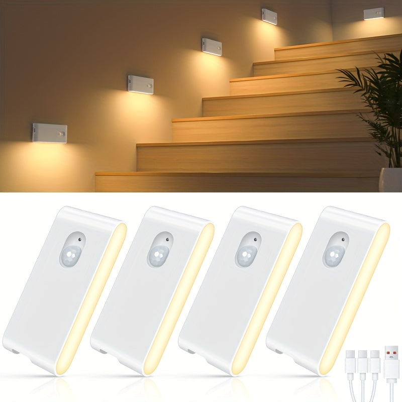 4/8pcs Motion Sensor Lights Indoor, Rechargeable Night Light Stick on Wall, 2700K & Type-C USB Rechargeable Stair Lights, Magnetic Lights for Wardrobe, Bathroom, Closet, Hallway, Toilet