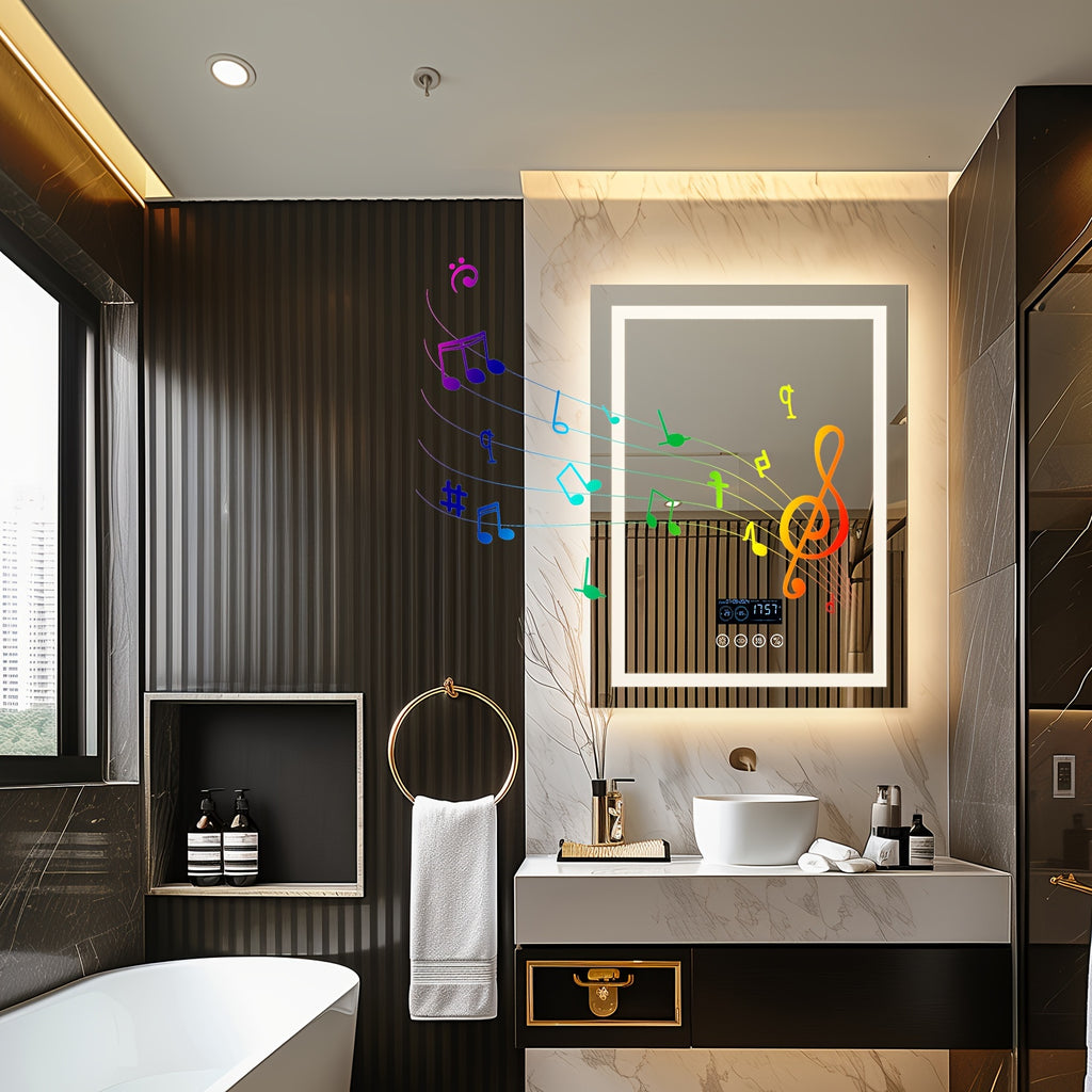28" X 36" LED Lighted Bathroom Mirror Lighted Bathroom Music Mirror With Dual LED Light Strips Smart Wall Vanity Mirror, Front-lit, Dimming, Date And Time