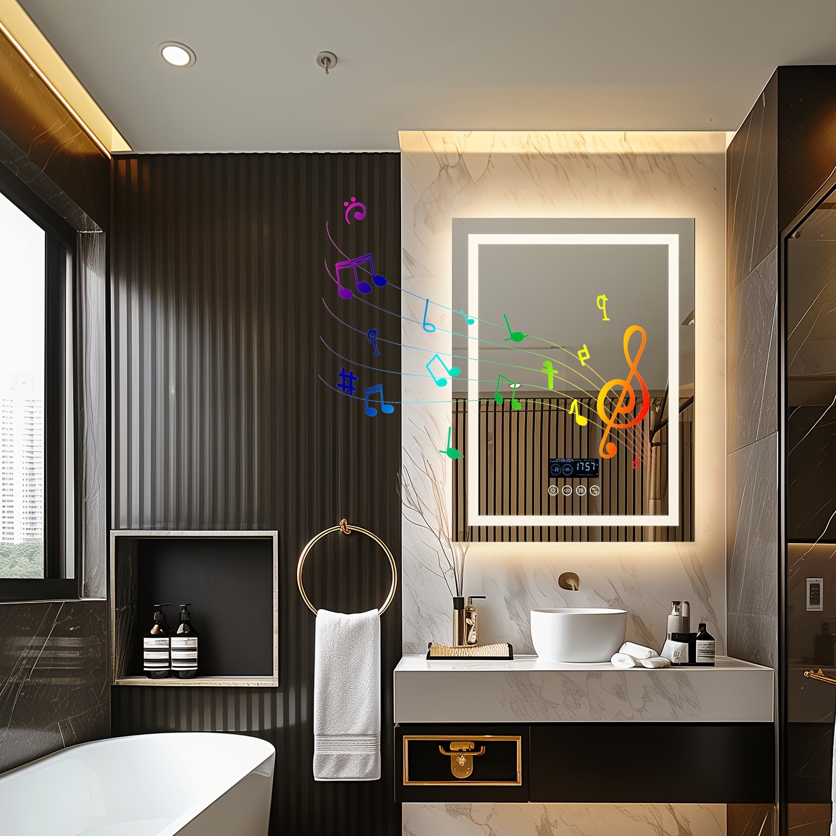 28" X 36" LED Lighted Bathroom Mirror Lighted Bathroom Music Mirror With Dual LED Light Strips Smart Wall Vanity Mirror, Front-lit, Dimming, Date And Time