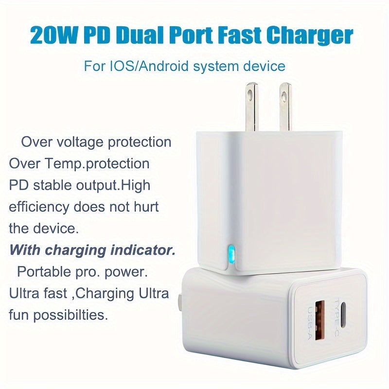 1pc/2pcs Fast Charger Total 20W Dual-port PD Adapter Wall USB Type C Port Plug Fast Charging Is Suitable For IPhone/Samsung/Android Mobile Phone Tablet And Other Charging Heads With Working Indicators